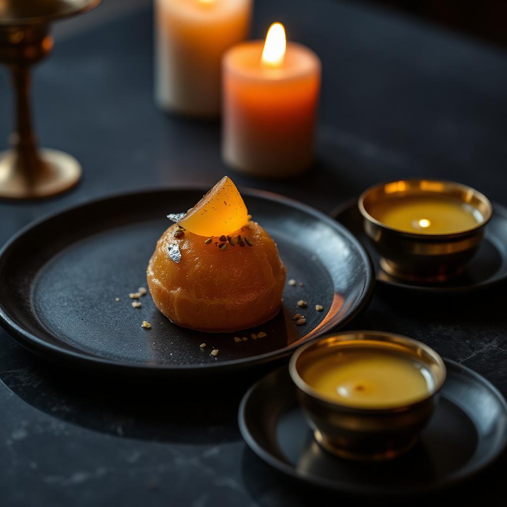 Gulab jamun plated by candlelight