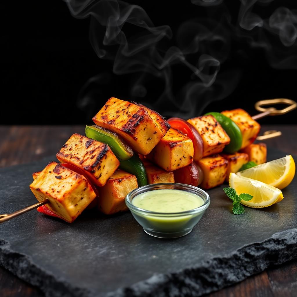 Smoking tandoori paneer tikka skewers
